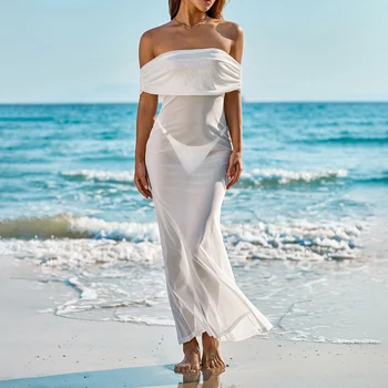 Lásd Keresztül Le-Váll Háló Puszta Beach Dress Nap-Bizonyíték Csomagolva Fényvédő Köpenyt, Hosszú Ruha Bikini a Nők Álca Strandcuccot