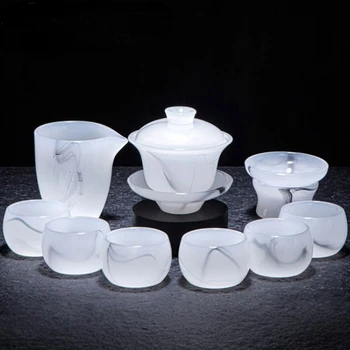 Üveg tea set set fény luxus fehér jáde kung-fu tea csésze háztartási fedezze tál high-end high-end tea készítése hivatal díszdobozban