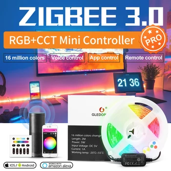 GLEDOPTO ZigBee Mini RGB CCT Smart APP hangvezérlés Szalag DC 5V APP Remote Controller Szalag Fény Munka SmartThings