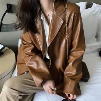 Barna bőr kardigán felsőruházat női Tavaszi, Őszi 2023 laza alkalmi szilárd Retro Hong Kong női motoros kabát