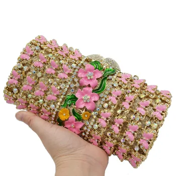 Rózsaszín pillangó Virág táskát Boutique bankett Táskák Női Luxus Estélyi Táskák Kristály Táska Wristlets SC897