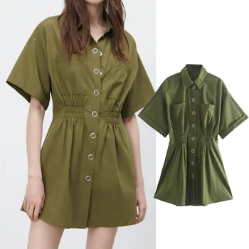 ZA 2021 új Nők egyszínű Pamut póló stílusú ruha mini ruha Nők Kapcsolja le a Gallér puha ruhát Resort stílusú mujer