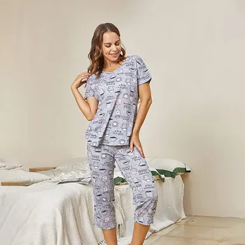 Nyári Plus size nyári alkalmi pizsama szett nők Nyári rövid ujjú kivágott nadrág, kényelmes hálóruha női pizsama