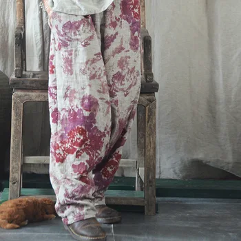 A nők Laza Pamut Ágynemű Nyomott Retro Hárem Nadrágok női ruházat laza Alkalmi Vintage Nadrág Nadrág Nyomtatás Nadrág Ősz
