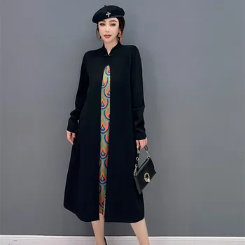 Női Kínai Stílusú Pullovers Ruha Tavaszi Új Patchwork Ruha Állvány Gallér Teljes Ujjú Ruhák vestido de primavera
