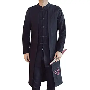 Divat Férfi Vintage Pamut Ágynemű Stand-up Gallér Béka Csat Kabát Széldzseki Kínai Stílusú Hosszú Kabát Streetwear