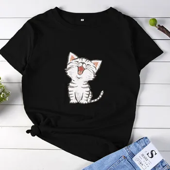 Új Nyári Pamut Női Póló 5XL molett Aranyos Macska, Nyomtatás, Rövid Ujjú Túlméretezett Nő Póló Felső Alkalmi O-Nyakú Női tShirts