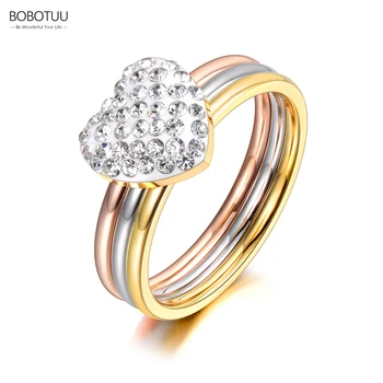 BOBOTUU Design Titán Rozsdamentes Acél Fehér Agyag Strasszos Szív Gyűrű Aranyozott Cseh Fél Gyűrűt, A Nők Lány BR21029