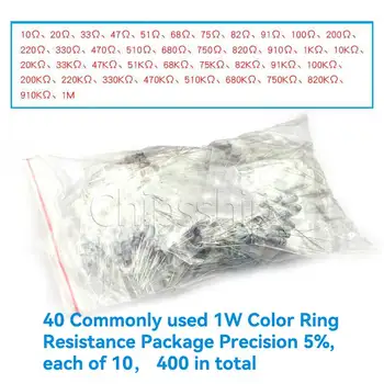 1W fémréteg Ellenállás Csomag Precíziós 1Five Színű Gyűrű Ellenállás Leggyakrabban Használt 20 Féle 40 Típusú Precíziós 5 Minta Packa
