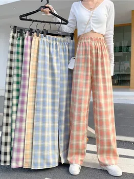 Kockás Széles Láb Nadrág Nők 2023 Nyári Alkalmi Magas Derék Y2k Streetwear Koreai Divat, Lolita, Vintage Nadrág
