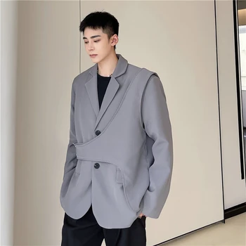 2021 Őszi koreai stílus, egyedi Levehető mellény design öltöny, férfi alkalmi laza egyszínű ruha férfi M-XXL